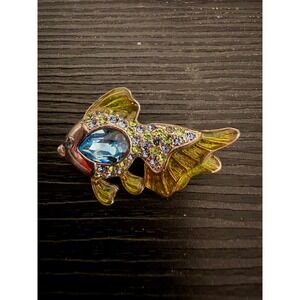 Monet Gold Tone Fish Brooch Blue Crystal Rhinestone Enamel Pin Women's Jewelry